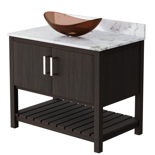 36-inch Novatto bath vanity with cafe mocha quartz countertop and sink, showcasing the stylish bathroom accessory.