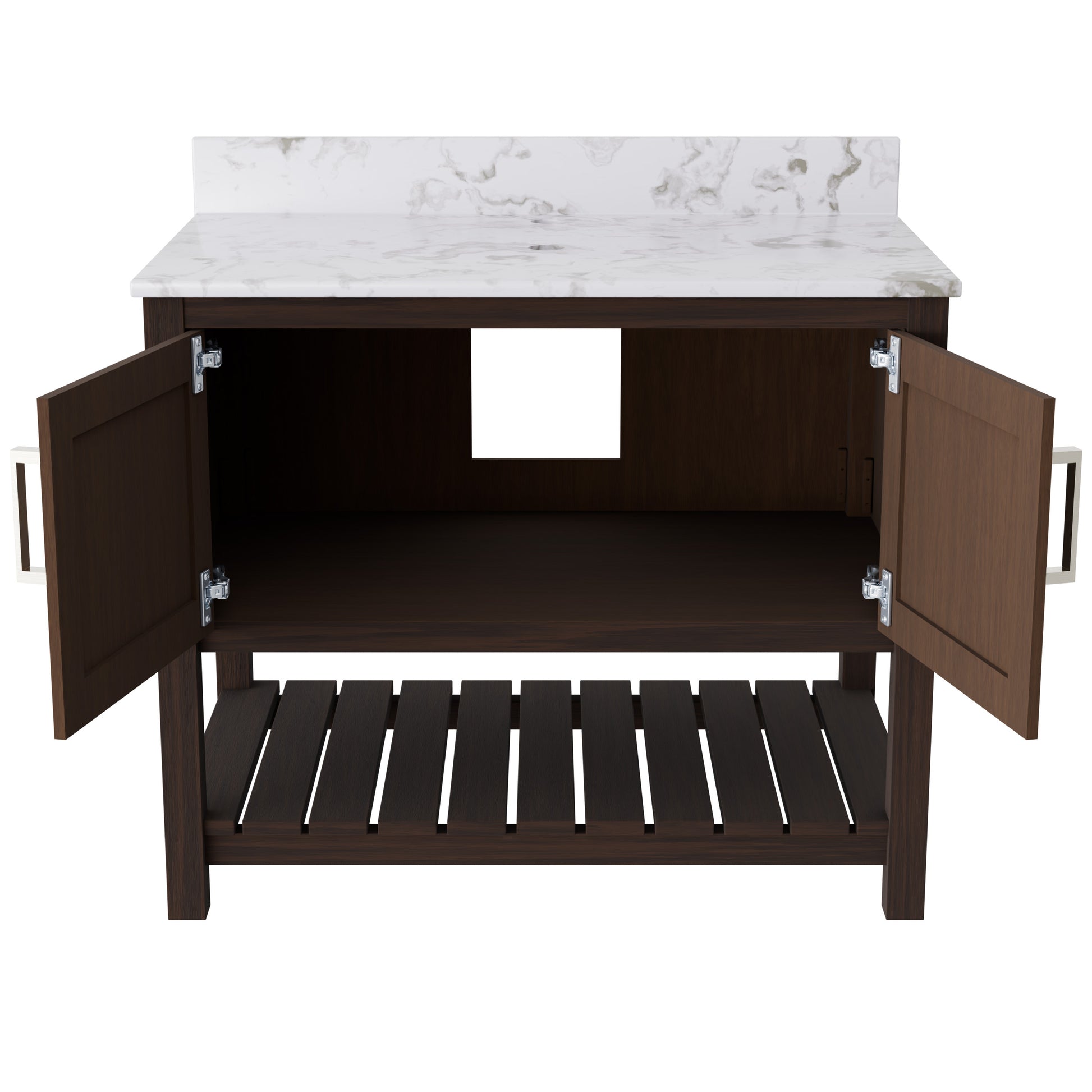 36-inch Novatto vanity with cafe mocha quartz countertop, showcasing a sleek bathroom accessory with modern design.
