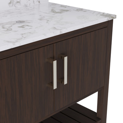 36-inch vanity with Cafe Mocha quartz countertop by Novatto, showcasing sleek bathroom accessory design.
