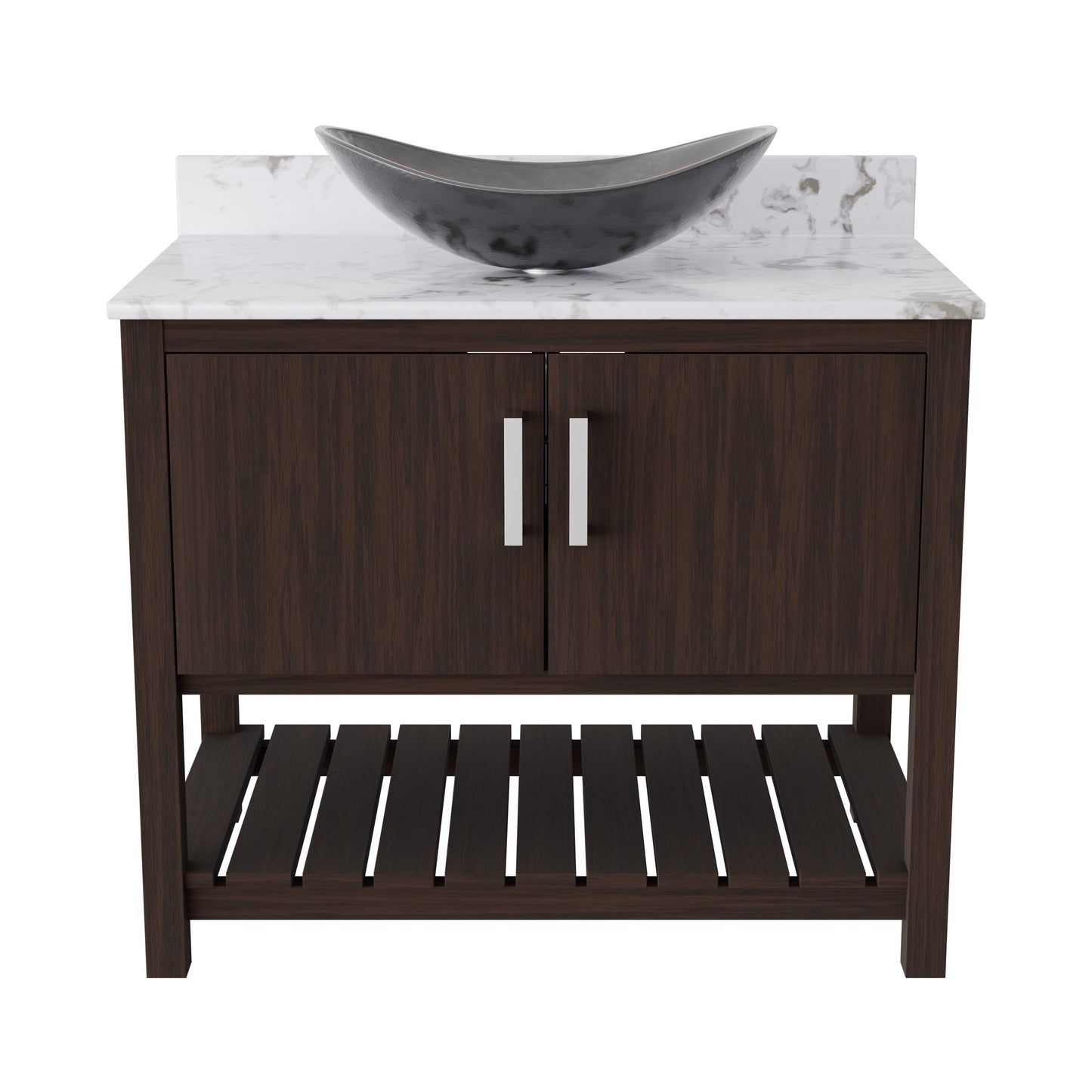 36-inch Novatto bath vanity with cafe mocha quartz countertop and sink, showcasing modern bathroom accessory design.