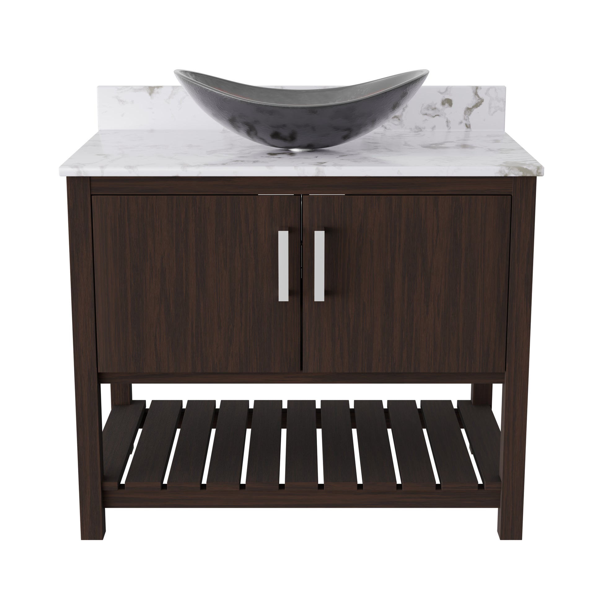 36-inch Novatto bath vanity with cafe mocha quartz countertop and sink, showcasing modern bathroom accessory design.