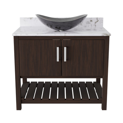 36-inch Novatto bath vanity with cafe mocha quartz countertop and sink, showcasing modern bathroom accessory design.