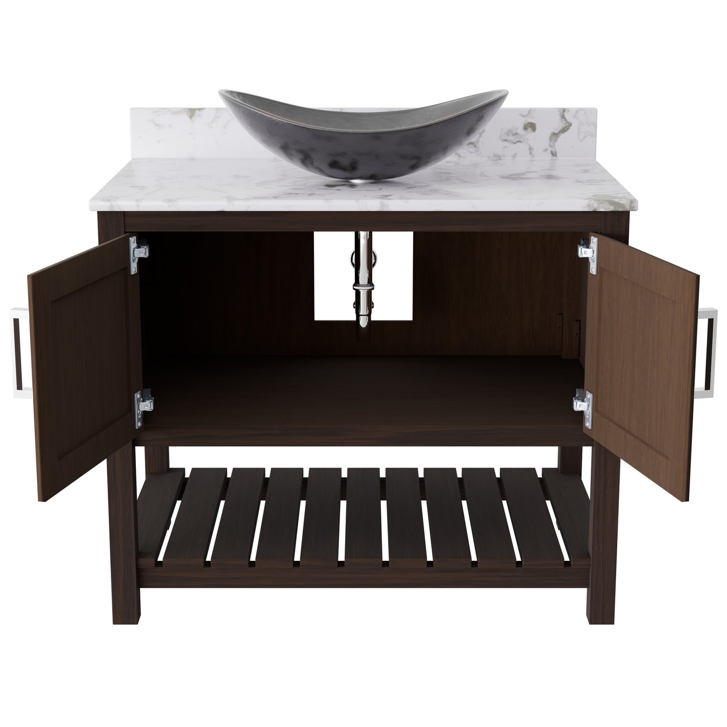 36-inch Novatto bath vanity with cafe mocha quartz countertop and integrated sink, showcasing elegant bathroom accessory design.