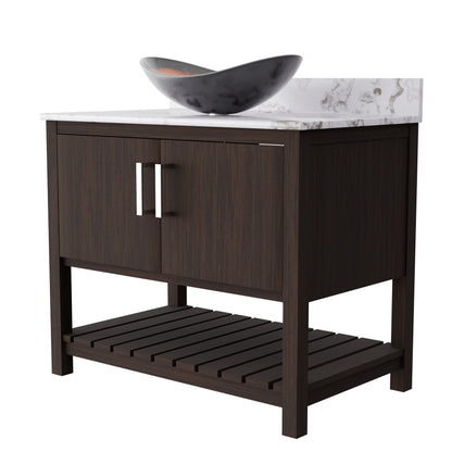36-inch Novatto bath vanity with cafe mocha quartz countertop and sink, showcasing the sleek modern design.
