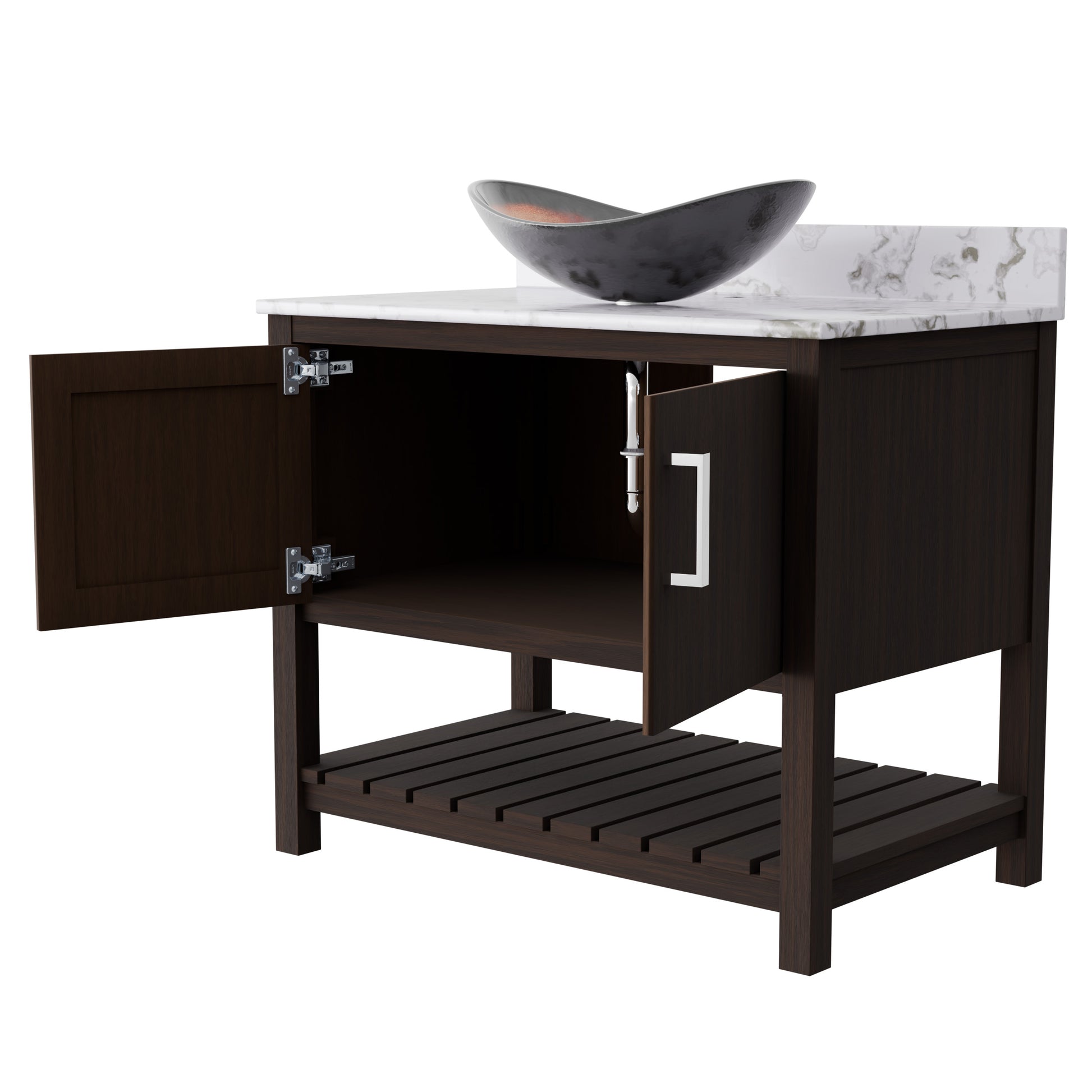 36-inch Novatto bath vanity with cafe mocha quartz countertop and integrated sink, showcasing a modern bathroom accessory.