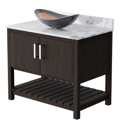 36-inch Novatto bath vanity with cafe mocha quartz countertop and sink, featuring modern bathroom accessory design.