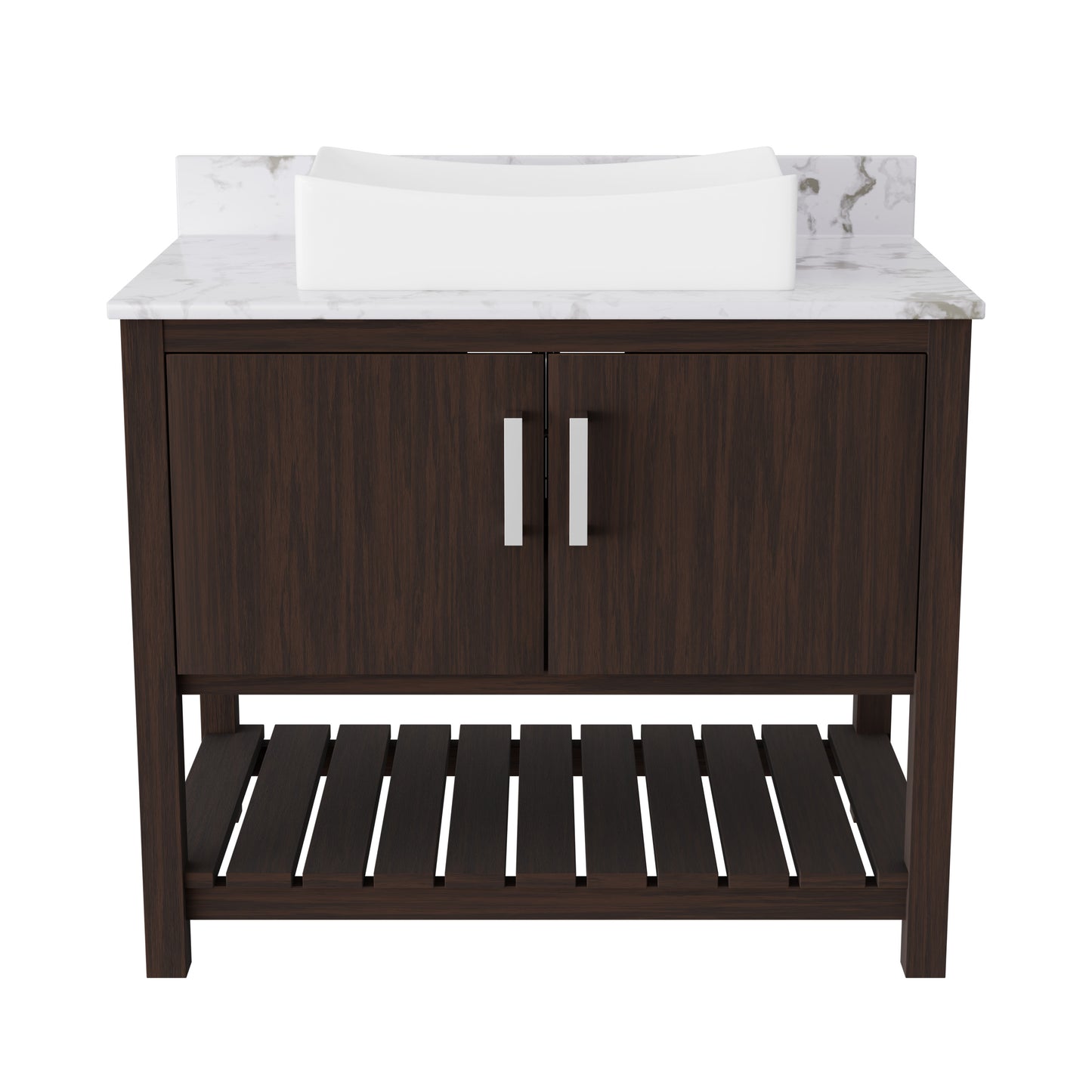 36-inch Novatto bath vanity with cafe mocha quartz countertop and sink, featuring a modern bathroom accessory design.