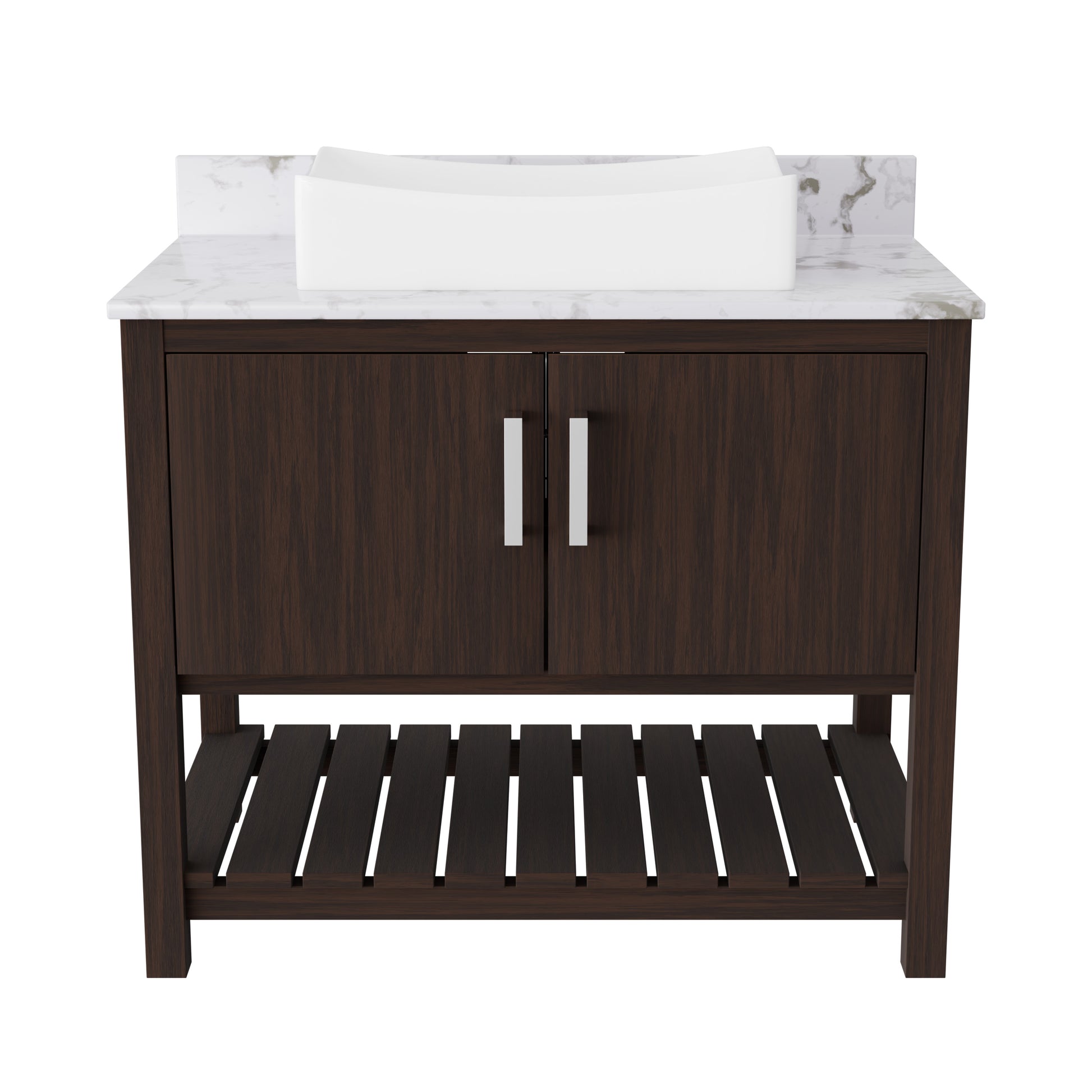 36-inch Novatto bath vanity with cafe mocha quartz countertop and sink, featuring a modern bathroom accessory design.