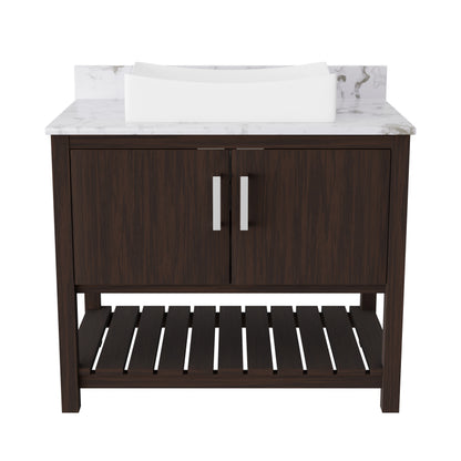 36-inch Novatto bath vanity with cafe mocha quartz countertop and sink, featuring a modern bathroom accessory design.