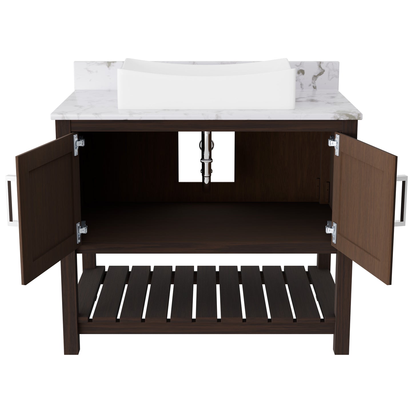 Novatto 36-inch bath vanity with cafe mocha quartz countertop and sink, showcasing sleek bathroom accessory design.