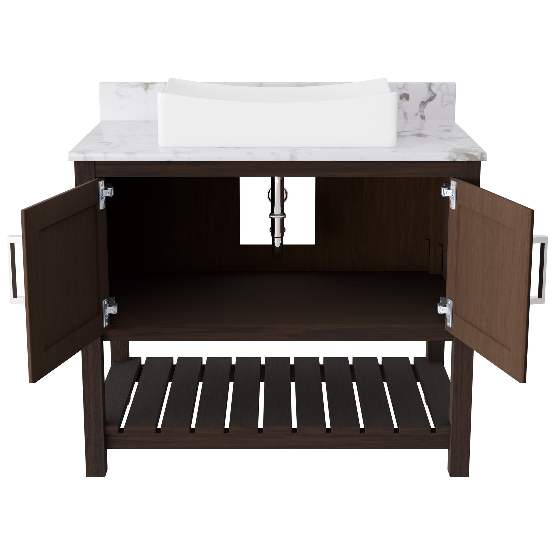 Novatto 36-inch bath vanity with cafe mocha quartz countertop and sink, showcasing sleek bathroom accessory design.