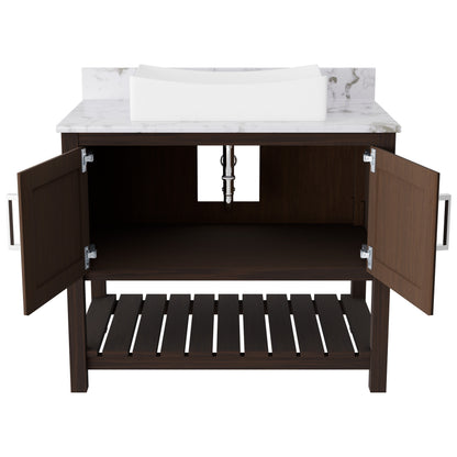 Novatto 36-inch bath vanity with cafe mocha quartz countertop and sink, showcasing sleek bathroom accessory design.