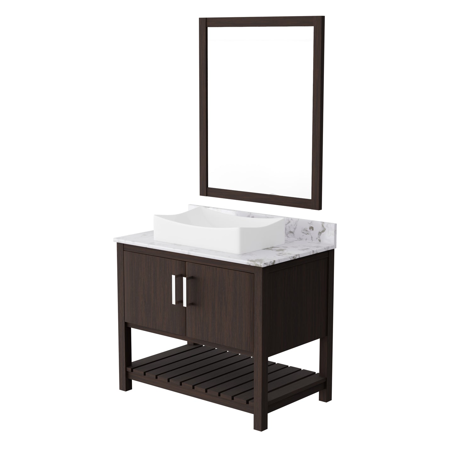 Novatto 36-inch bath vanity with cafe mocha quartz countertop and integrated sink, showcasing modern bathroom accessory design