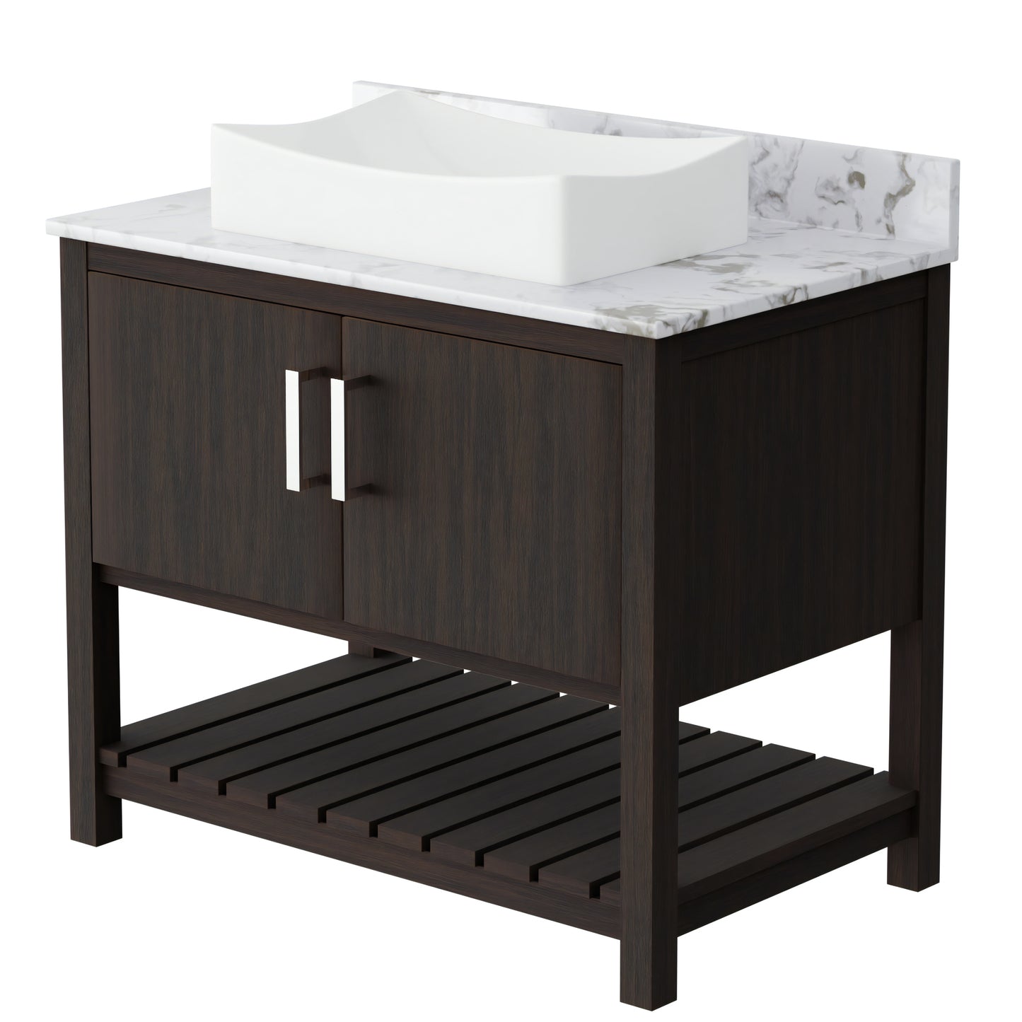 36-inch Novatto bath vanity with cafe mocha quartz countertop and sink, showcasing the modern bathroom accessory.