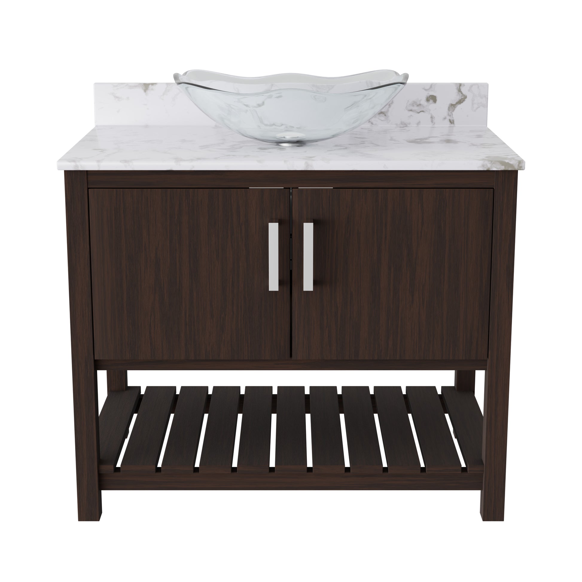 36-inch Novatto bath vanity with cafe mocha quartz countertop and sink, featuring a sleek modern design.