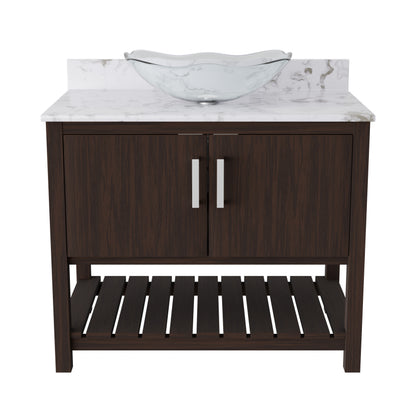 36-inch Novatto bath vanity with cafe mocha quartz countertop and sink, featuring a sleek modern design.