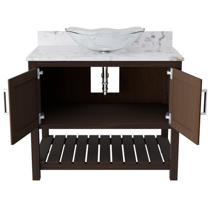 36-inch Novatto bath vanity with cafe mocha quartz countertop and integrated sink, showcasing modern bathroom accessory design.