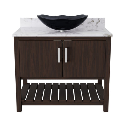 Novatto 36-inch bath vanity with cafe mocha quartz counter and sink, featuring sleek design and modern bathroom accessory.