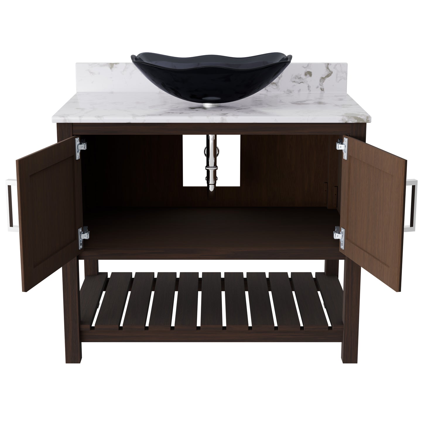 36-inch Novatto bath vanity with cafe mocha quartz countertop and sink, featuring modern bathroom accessory design.