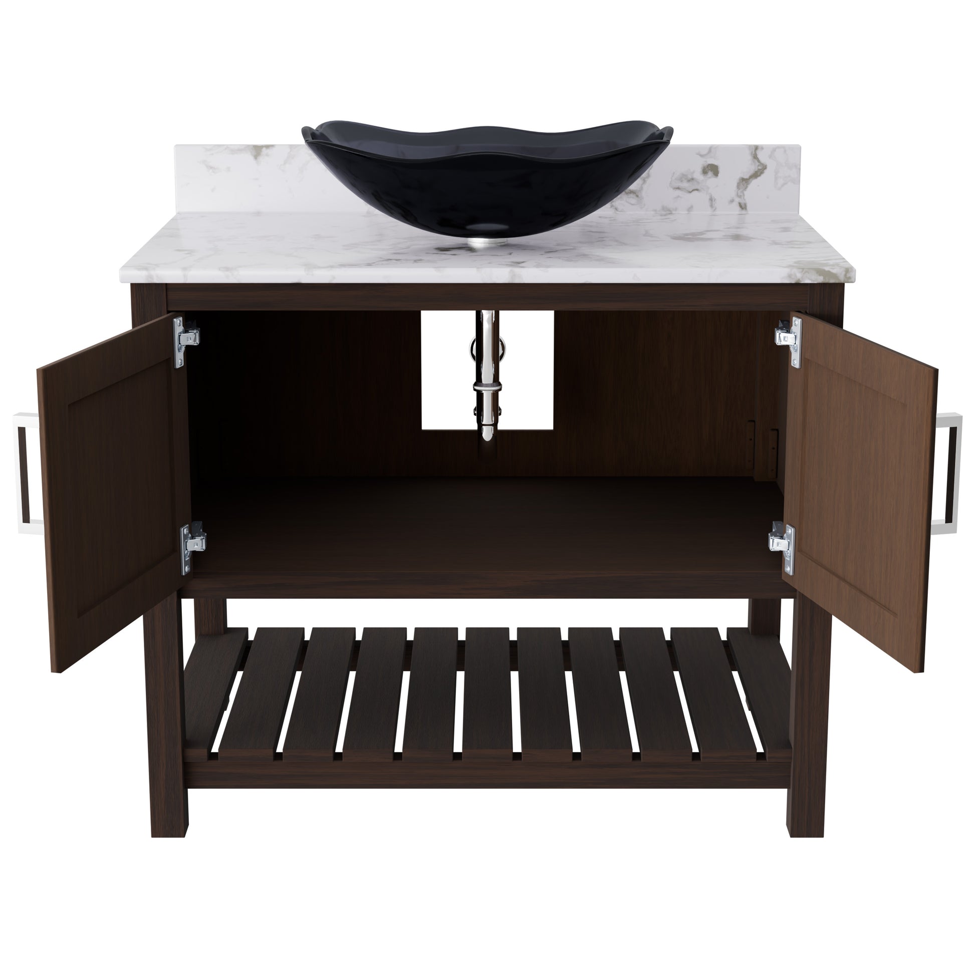 36-inch Novatto bath vanity with cafe mocha quartz countertop and sink, featuring modern bathroom accessory design.