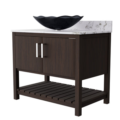 36-inch Novatto bath vanity with cafe mocha quartz countertop and integrated sink, showcasing elegant bathroom accessory design