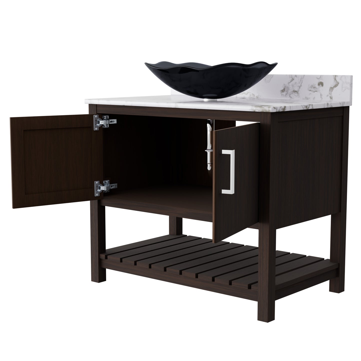 Novatto 36-inch bath vanity with Cafe Mocha quartz countertop and sink, showcasing elegant bathroom accessory design.