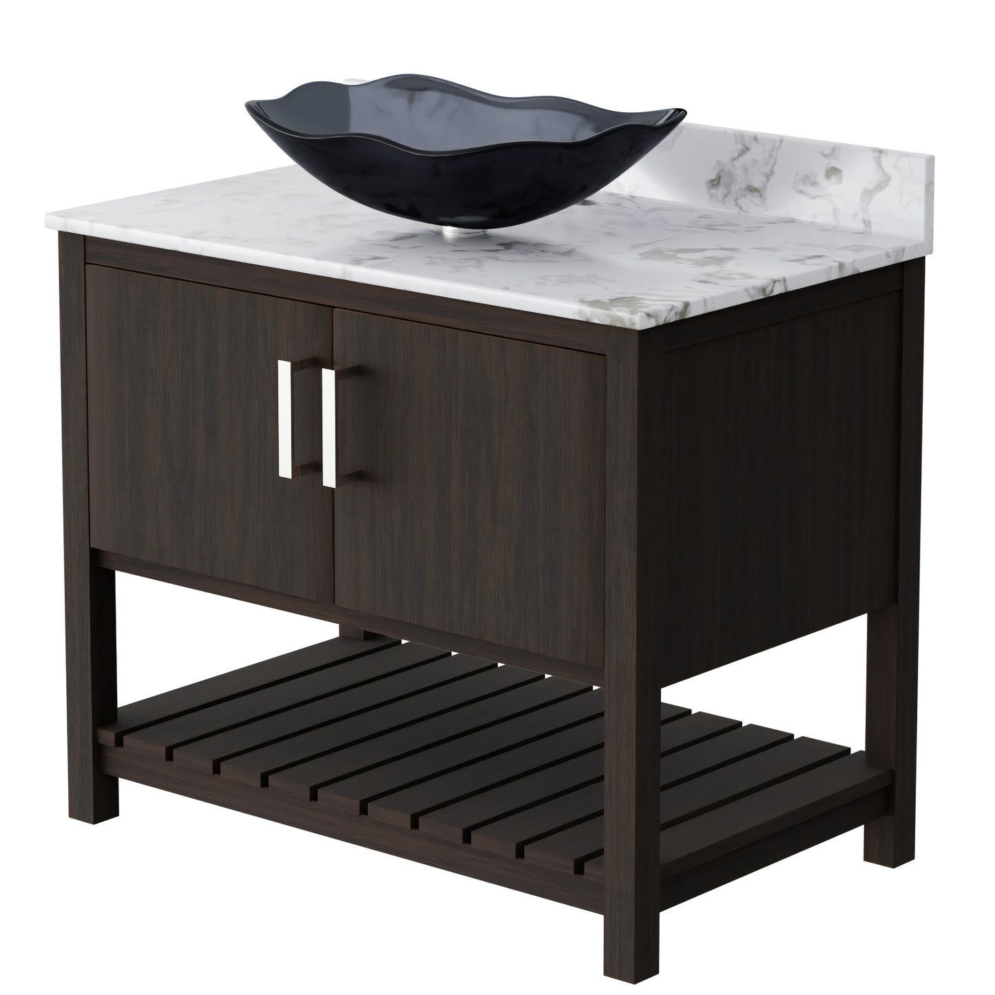 36-inch Novatto bath vanity with cafe mocha quartz countertop and integrated sink, shown in a sleek bathroom setting