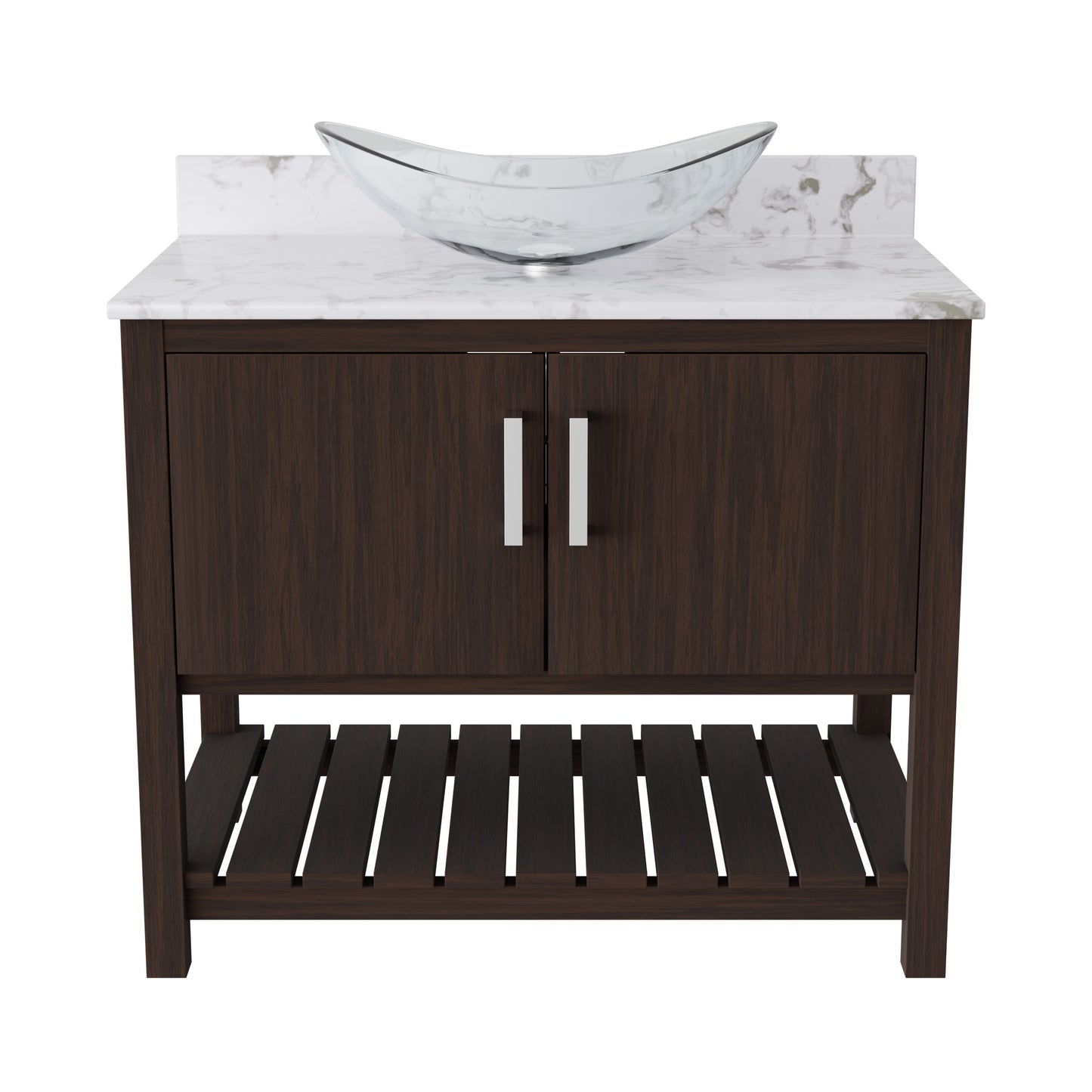 36-inch Novatto bath vanity with cafe mocha quartz countertop and sink, showcasing a sleek bathroom accessory.