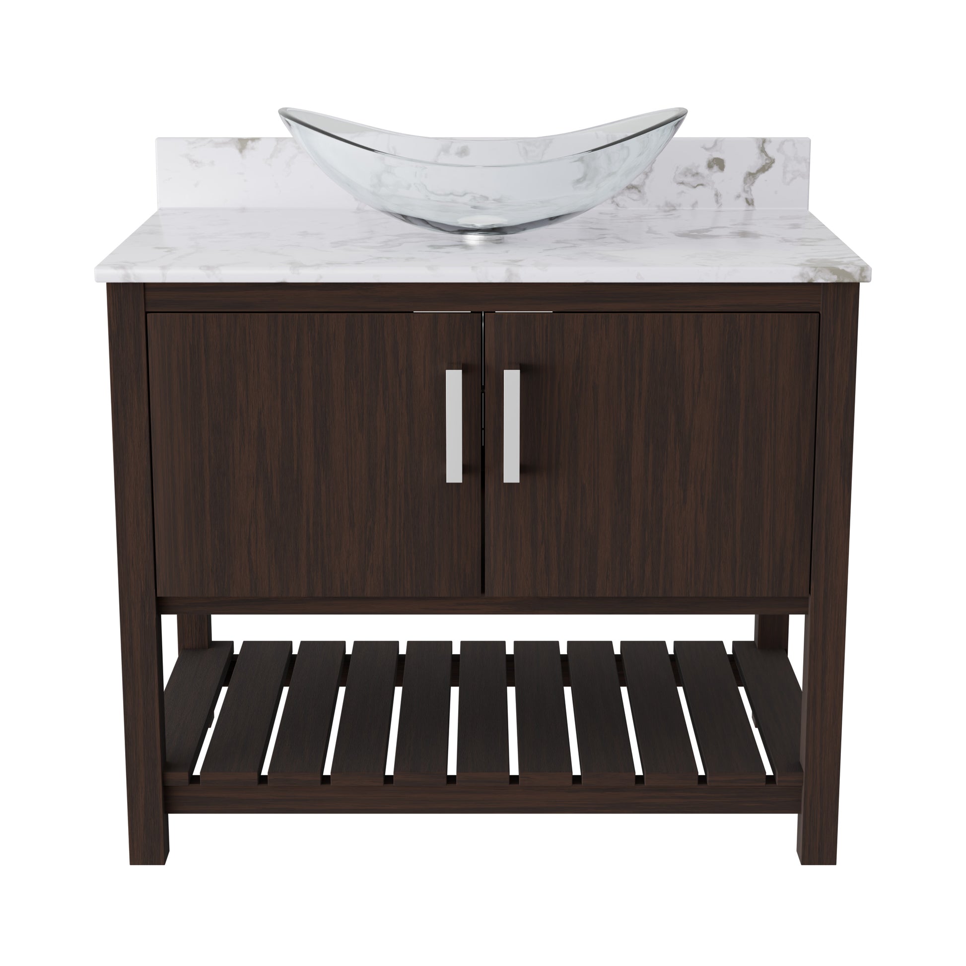36-inch Novatto bath vanity with cafe mocha quartz countertop and sink, showcasing a sleek bathroom accessory.
