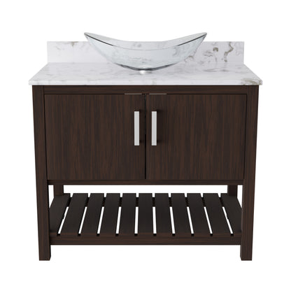 36-inch Novatto bath vanity with cafe mocha quartz countertop and sink, showcasing a sleek bathroom accessory.