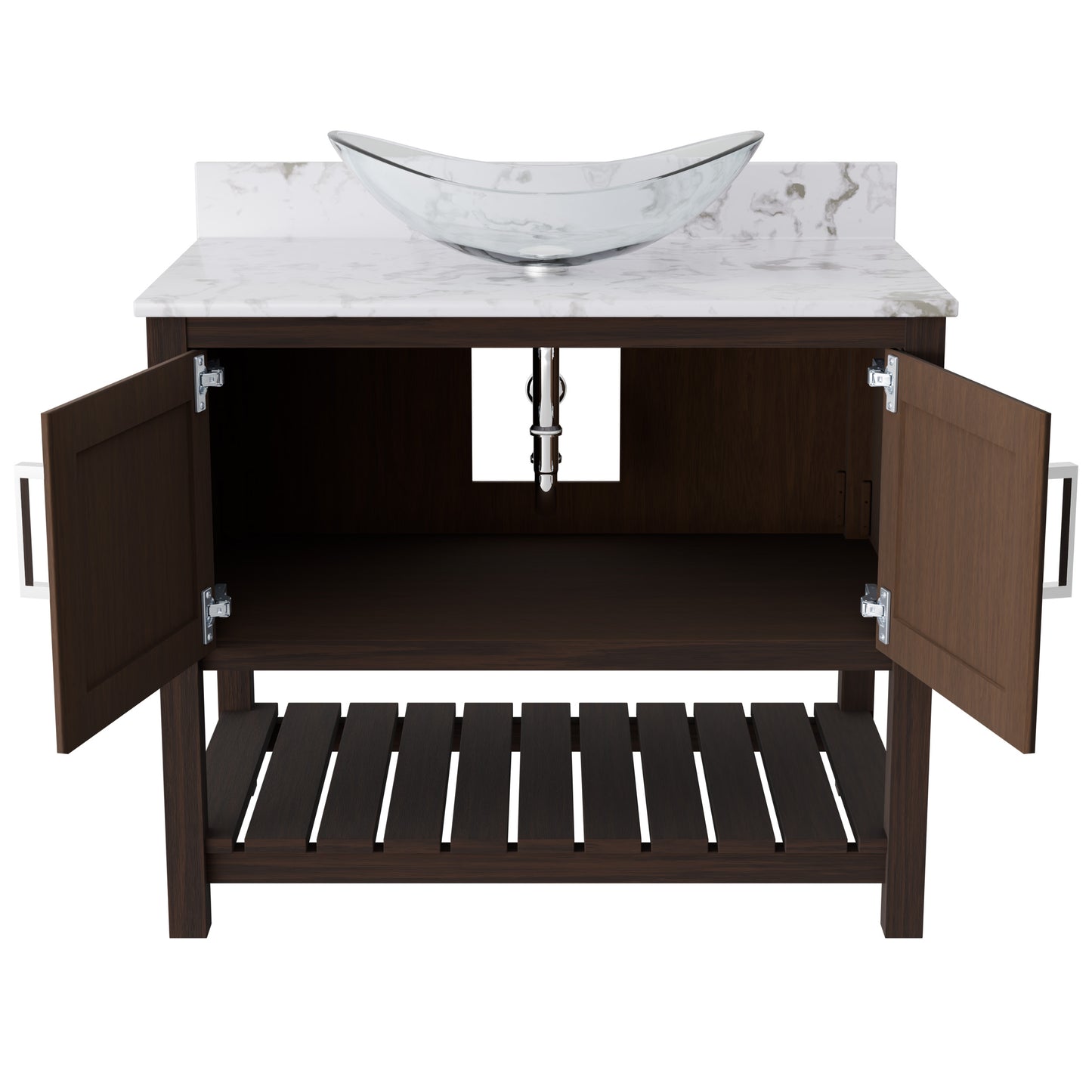 36-inch Novatto bath vanity with cafe mocha quartz countertop and integrated sink, showcasing modern bathroom accessory design.