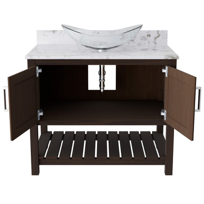 36-inch Novatto bath vanity with cafe mocha quartz countertop and integrated sink, showcasing modern bathroom accessory design.