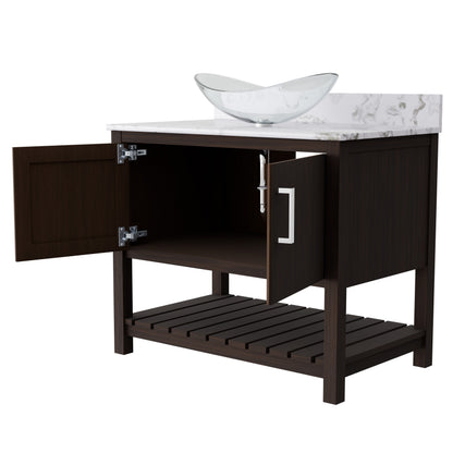 36-inch Novatto bath vanity with cafe mocha quartz countertop and sink, featuring modern bathroom accessory design.