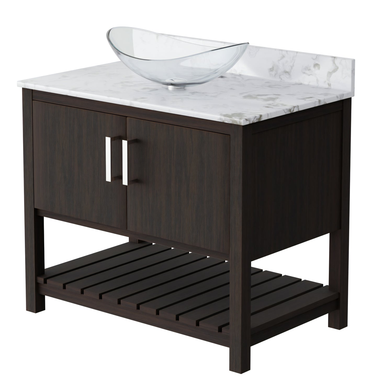 36-inch Novatto bath vanity with cafe mocha quartz countertop and sink, showcasing its sleek design and elegant finish.