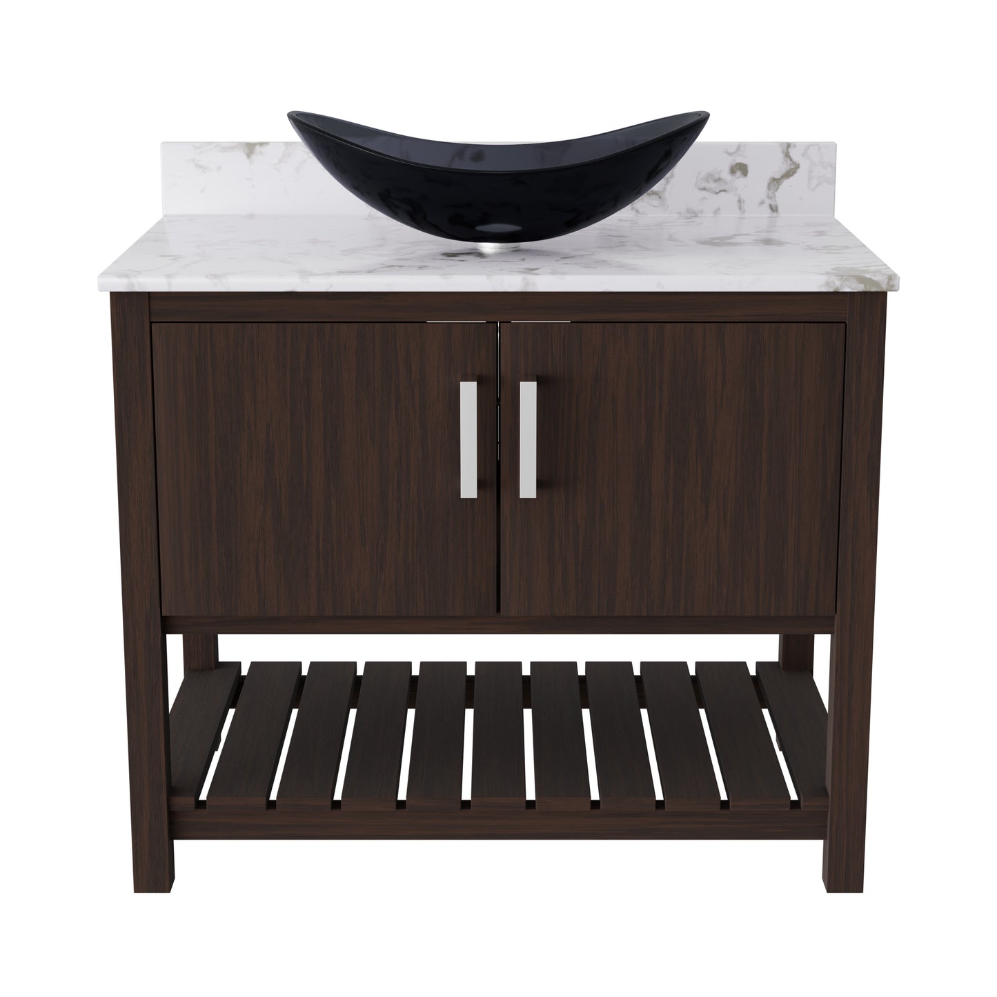 Novatto 36-inch bath vanity with cafe mocha quartz countertop and sink, showcasing modern bathroom accessory design.
