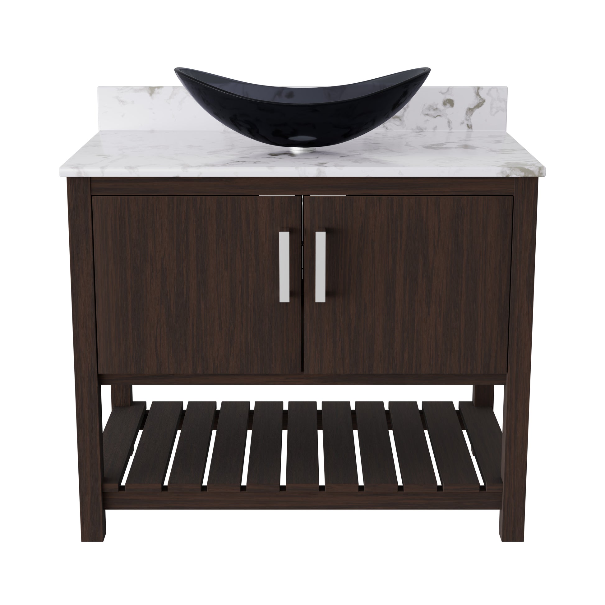 Novatto 36-inch bath vanity with cafe mocha quartz countertop and sink, showcasing modern bathroom accessory design.