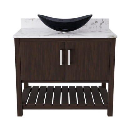 Novatto 36-inch bath vanity with cafe mocha quartz countertop and sink, showcasing modern bathroom accessory design.