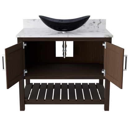 36-inch Novatto bath vanity with cafe mocha quartz countertop and sink, showcasing sleek bathroom accessory design.