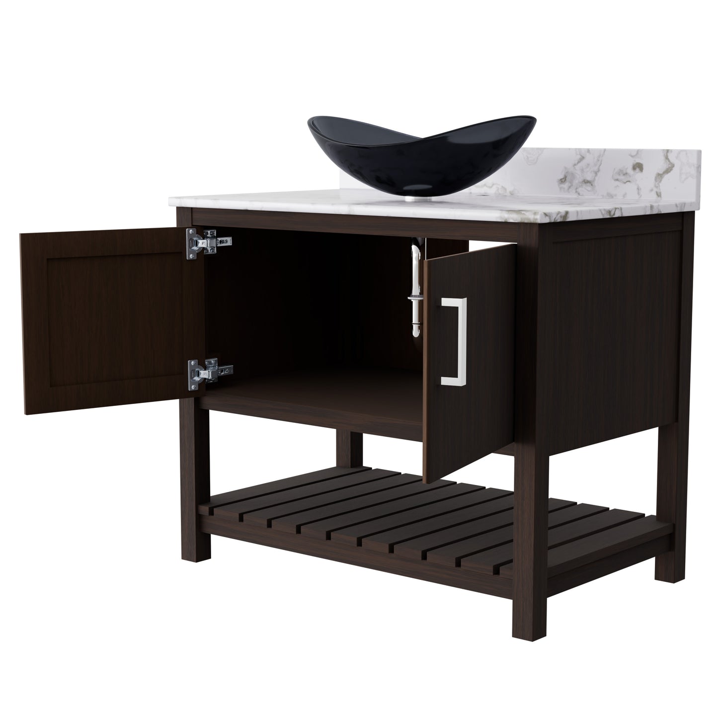 36-inch Novatto bath vanity with cafe mocha quartz counter and integrated sink, showcasing modern bathroom accessory design