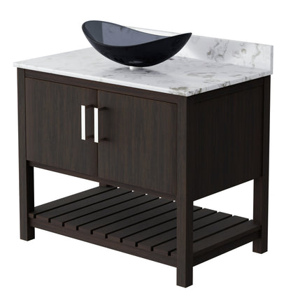36-inch Novatto bath vanity with cafe mocha quartz countertop and sink, showcasing the sleek design and natural stone finish.