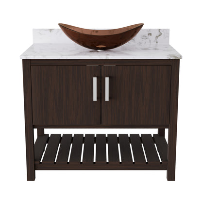 Novatto 36-inch bath vanity with cafe mocha quartz countertop and integrated sink, showcasing the elegant accessory design.