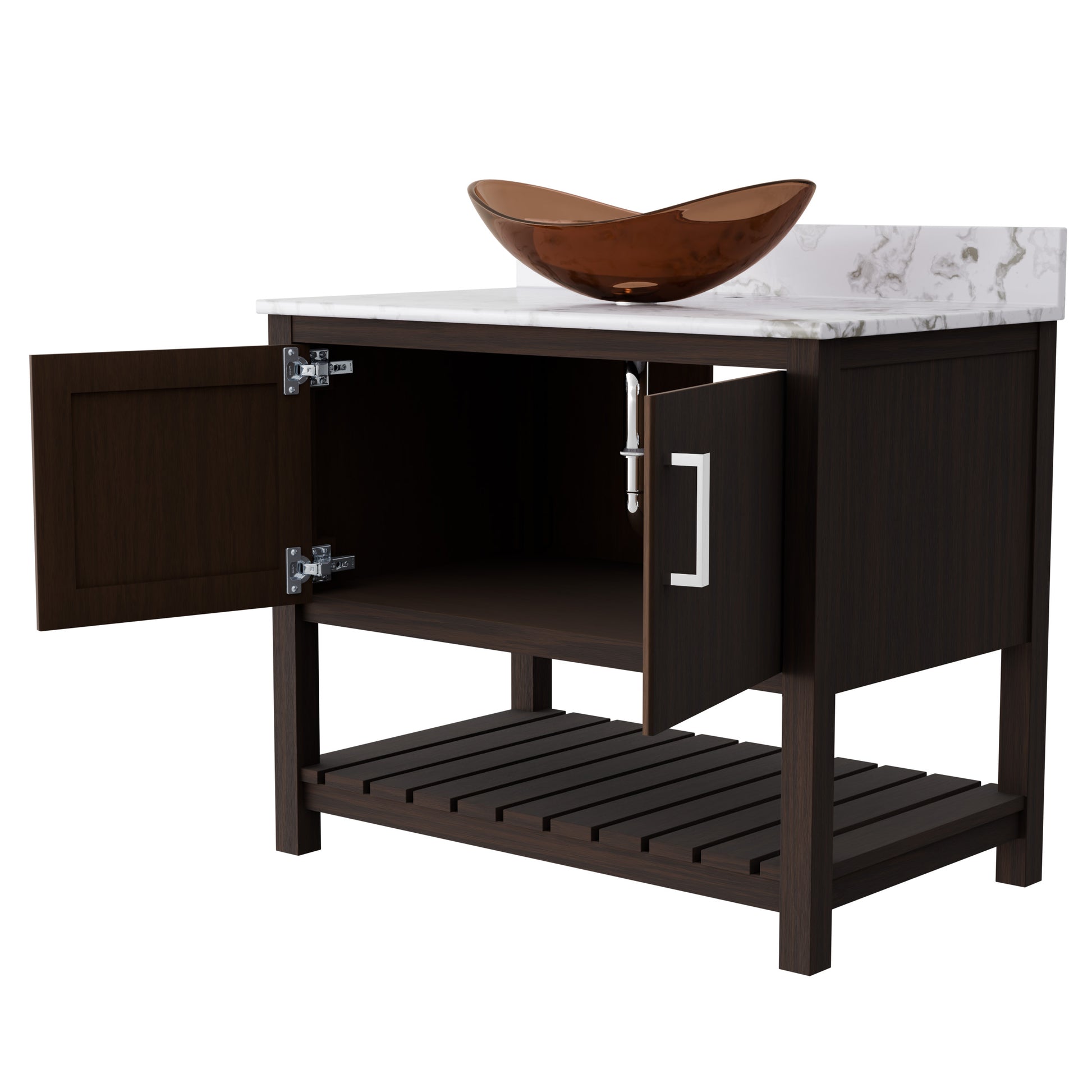 36-inch Novatto bath vanity with cafe mocha quartz countertop and sink, showcasing sleek bathroom accessory design.