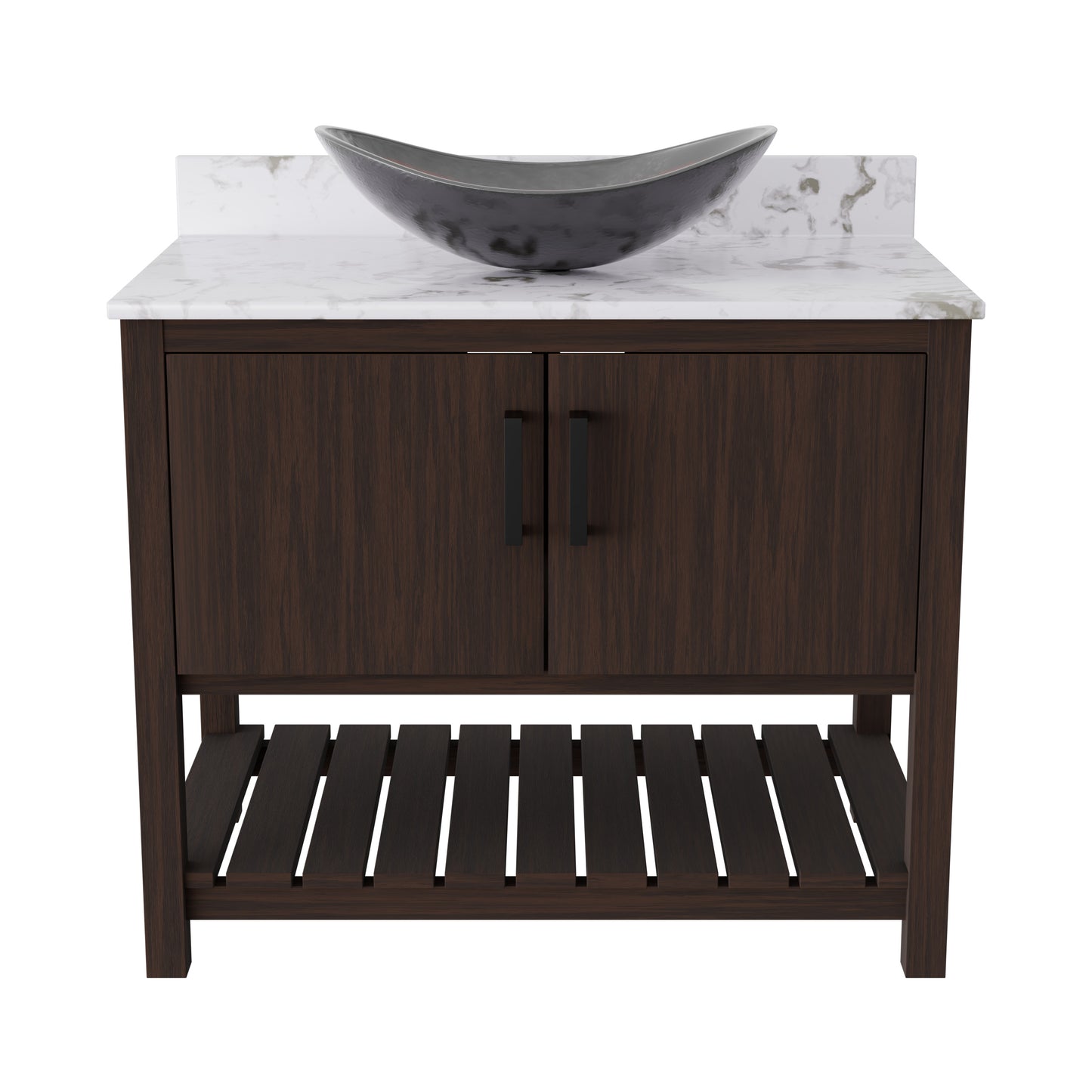 Novatto 36-inch bath vanity with cafe mocha quartz countertop and sink, showcasing elegant bathroom accessory design.