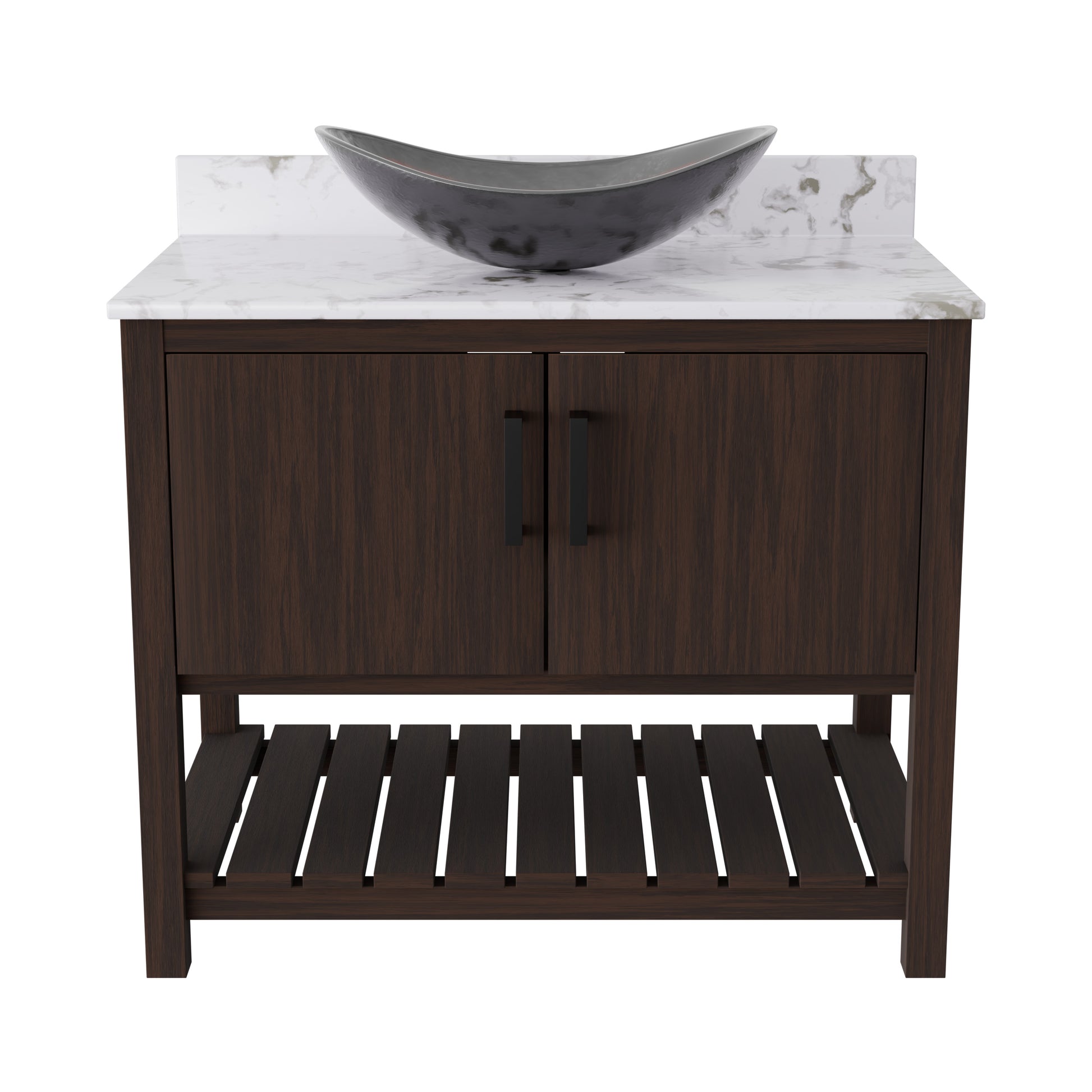 Novatto 36-inch bath vanity with cafe mocha quartz countertop and sink, showcasing elegant bathroom accessory design.