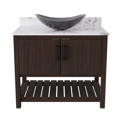 Novatto 36-inch bath vanity with cafe mocha quartz countertop and sink, showcasing elegant bathroom accessory design.