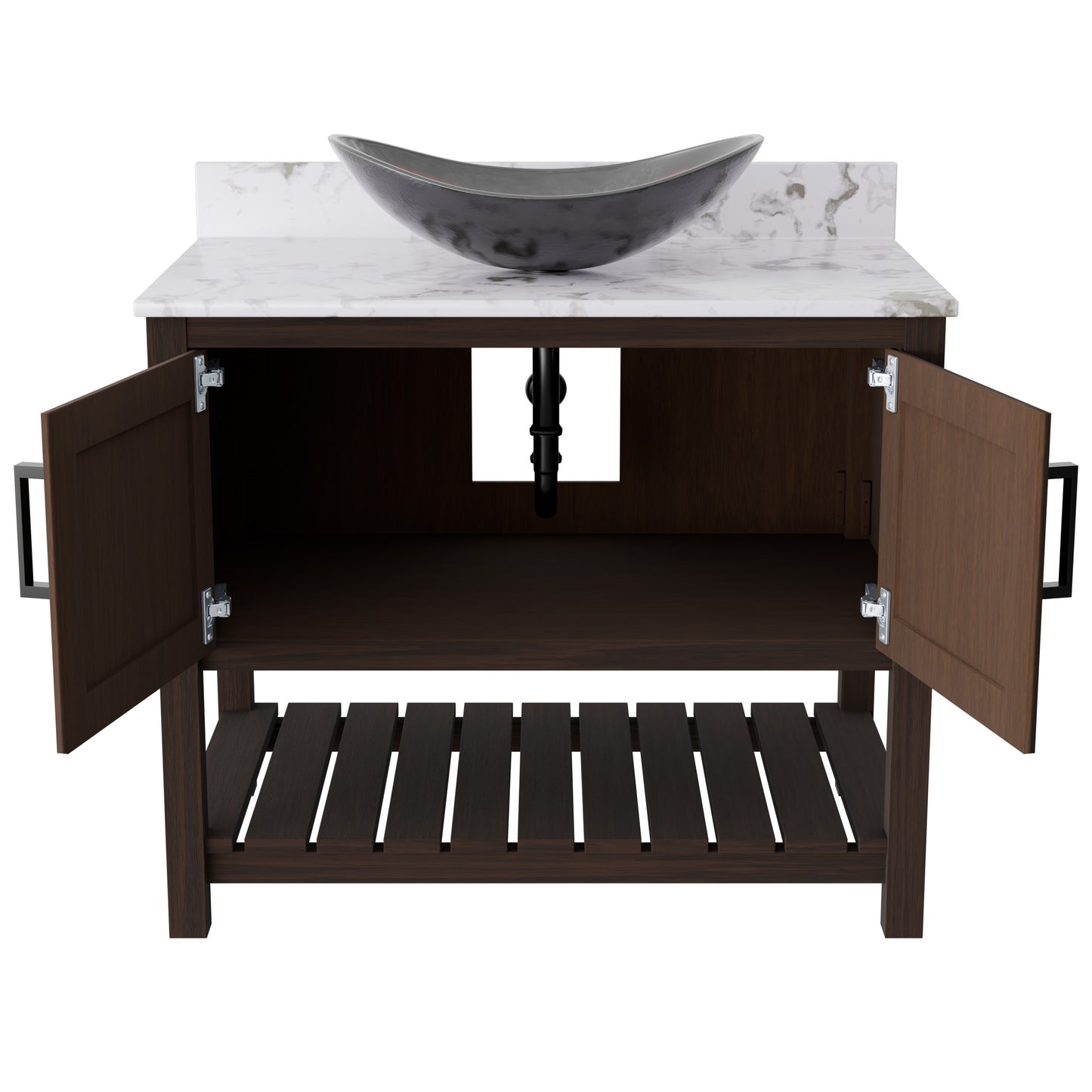 36-inch Novatto bath vanity with cafe mocha quartz countertop and integrated sink, showcasing a modern bathroom accessory.