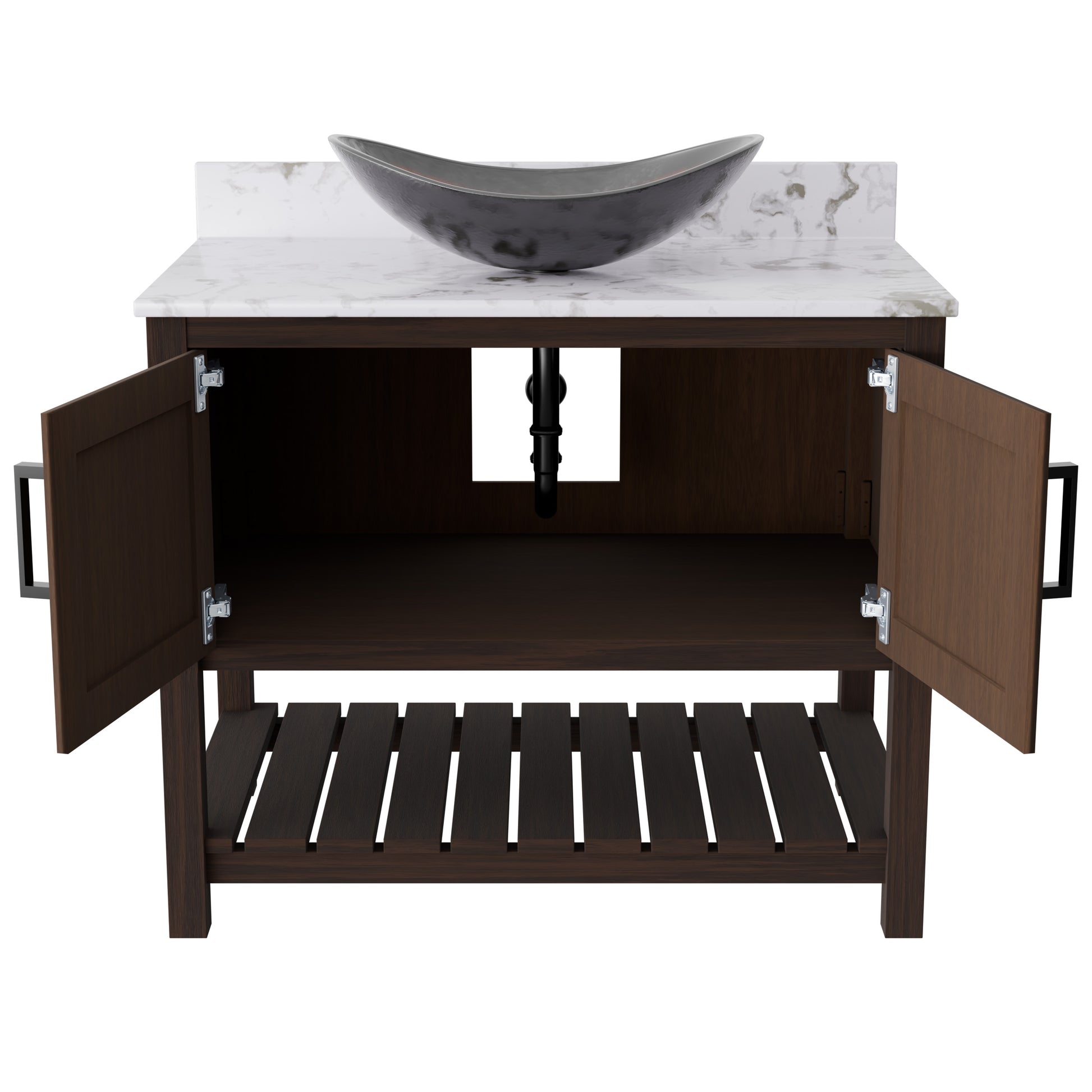 36-inch Novatto bath vanity with cafe mocha quartz countertop and integrated sink, showcasing a modern bathroom accessory.