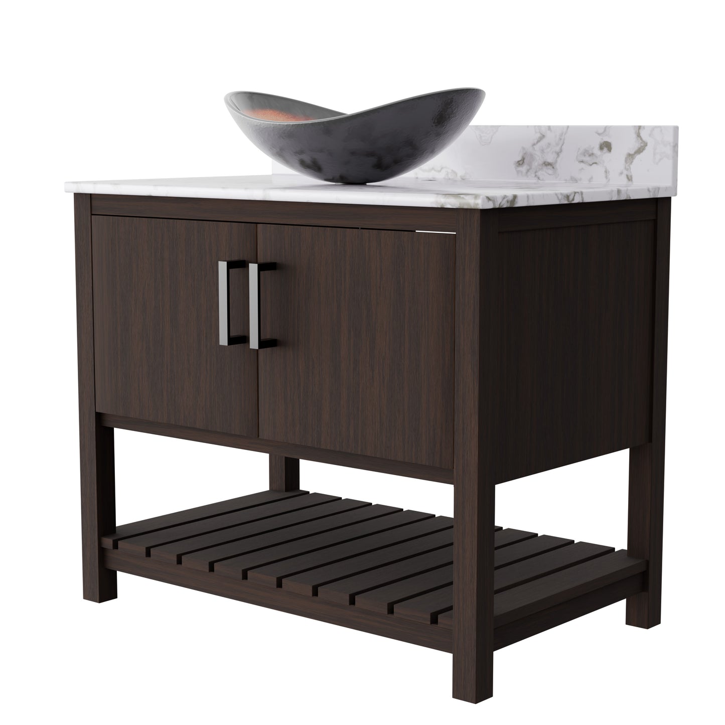 36-inch Novatto bath vanity with cafe mocha quartz countertop and integrated sink, shown with modern faucet and accessories.