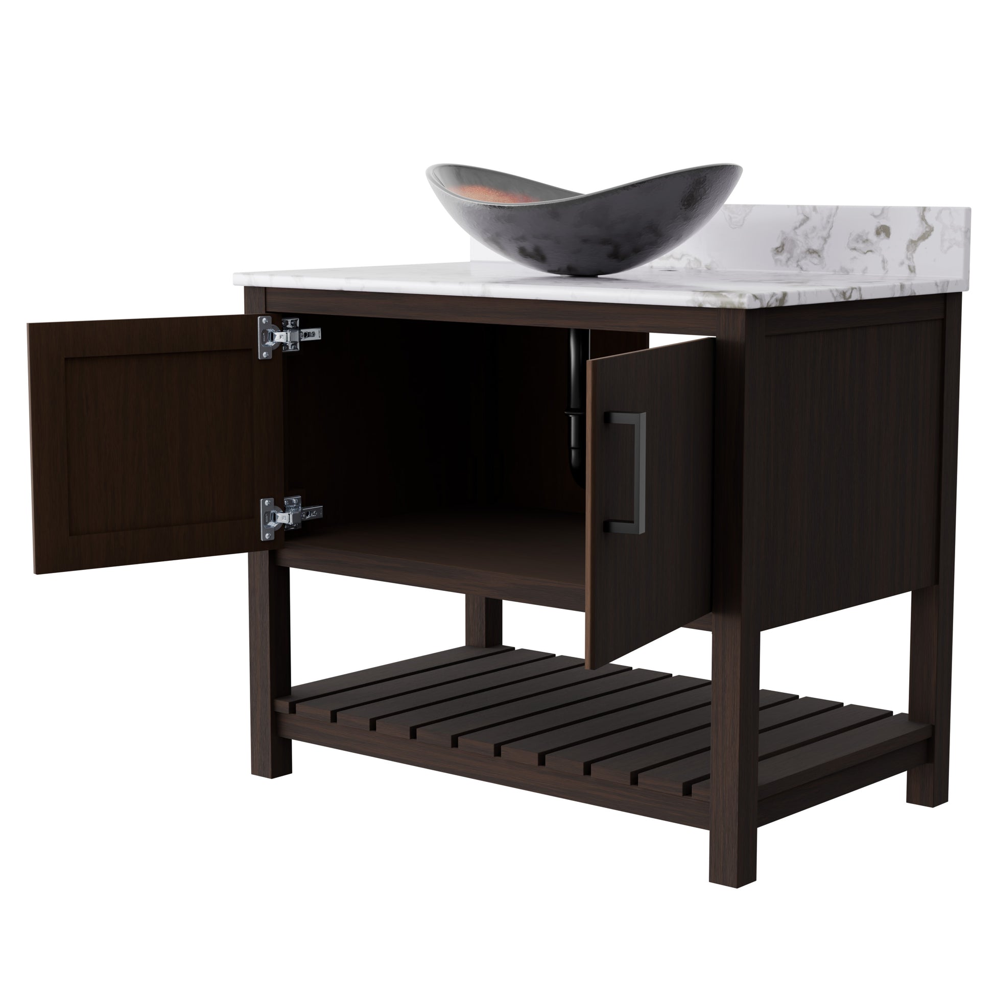 Novatto 36-inch bath vanity with cafe mocha quartz countertop and integrated sink, showcasing sleek bathroom accessory design.