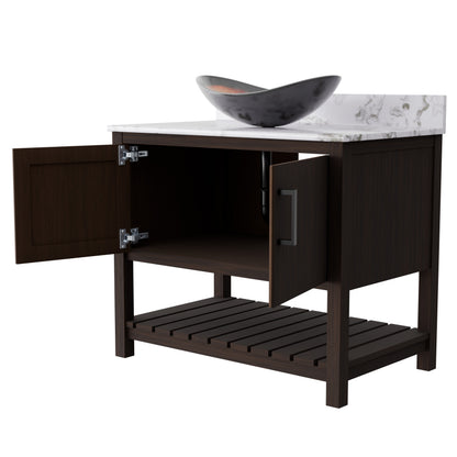 Novatto 36-inch bath vanity with cafe mocha quartz countertop and integrated sink, showcasing sleek bathroom accessory design.